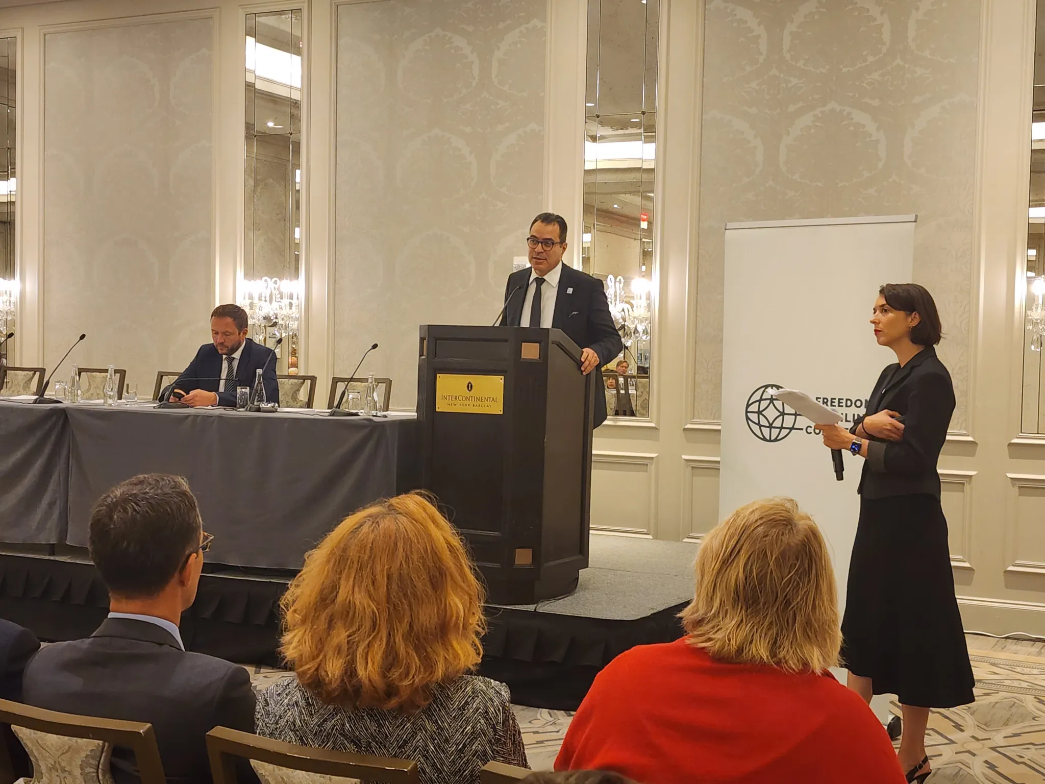 International IDEA Secretary-General Kevin Casas-Zamora speaking at Freedom Online Coalition at a United Nations General Assembly Side Event in New York on 25 September 2025. 